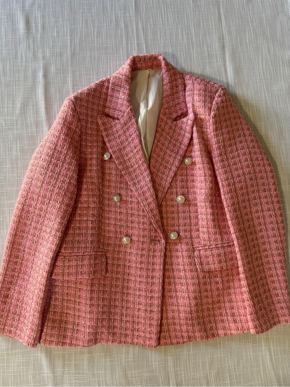 Pink Tweed Double-Breasted Women's Blazer Jacket - Picture 3 of 11